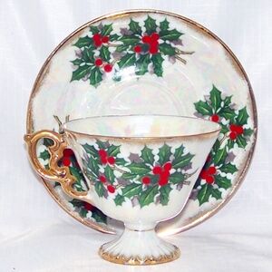 VTG - Ucagco Christmas "December Holly" Lusterware Tea Cup and Saucer